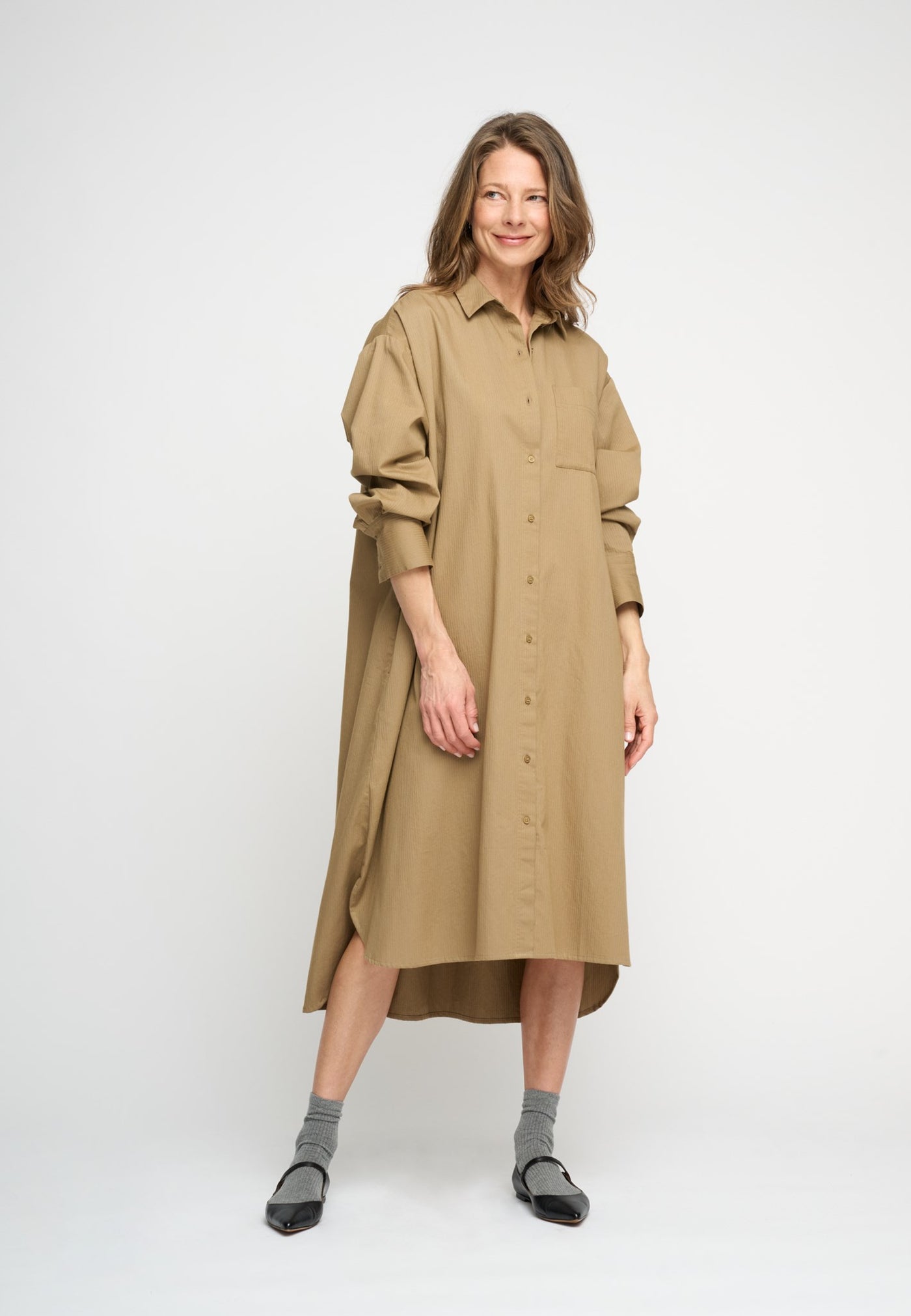 ワンピース ETMON Shirring Top Mix Dress, Khaki Brown floret shirtdress twill | Buy comfortable dresses for women